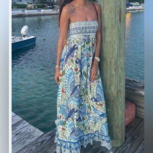 Farm Rio blue green macaw flight smocked maxi dress - Womens Small